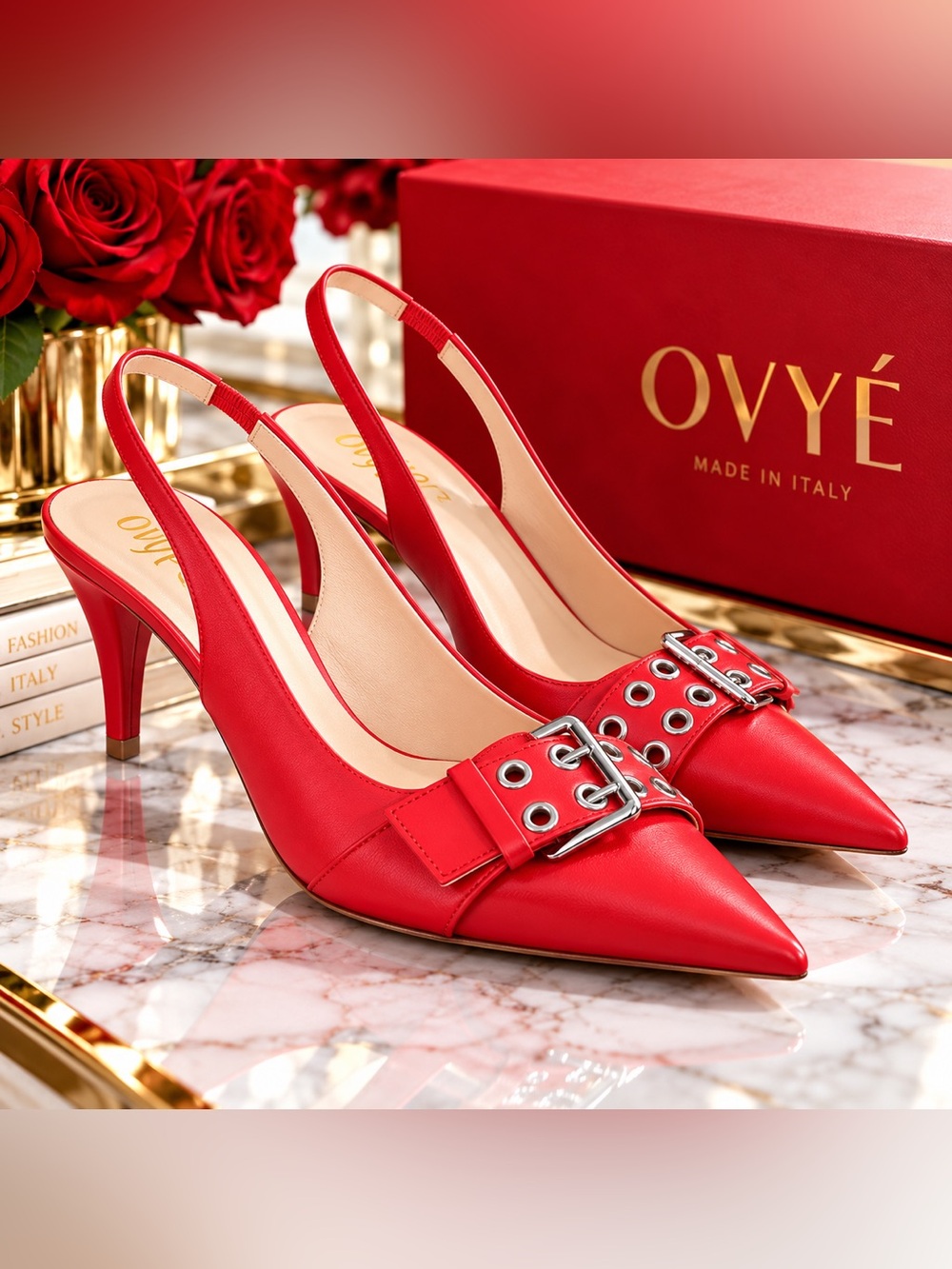 OVYÉ Red Leather Pointed Toe Buckle Slingback Pumps Size 8 EU 38 NWT